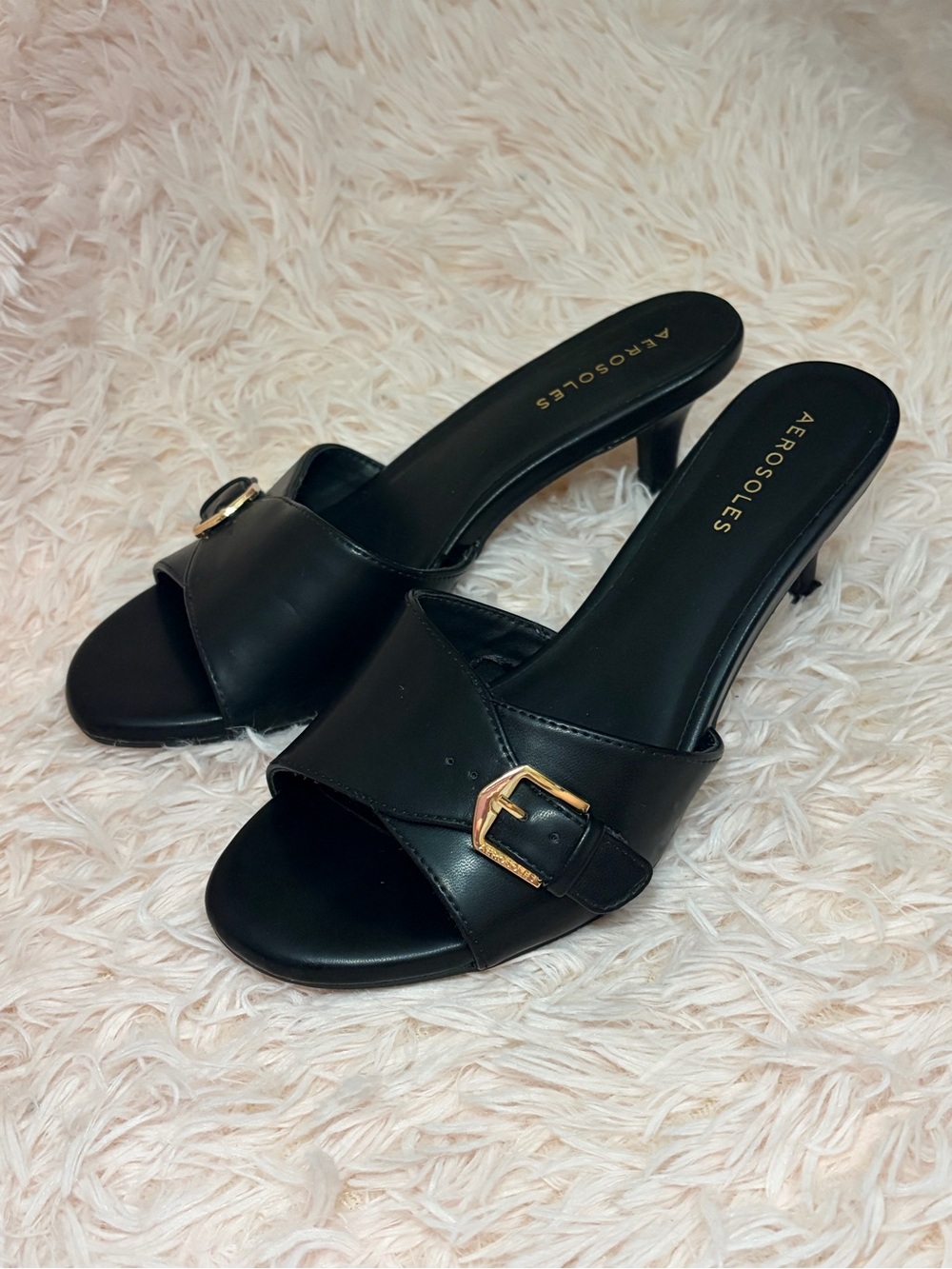 AEROSOLES Black Leather Slide Mules with Gold Buckle